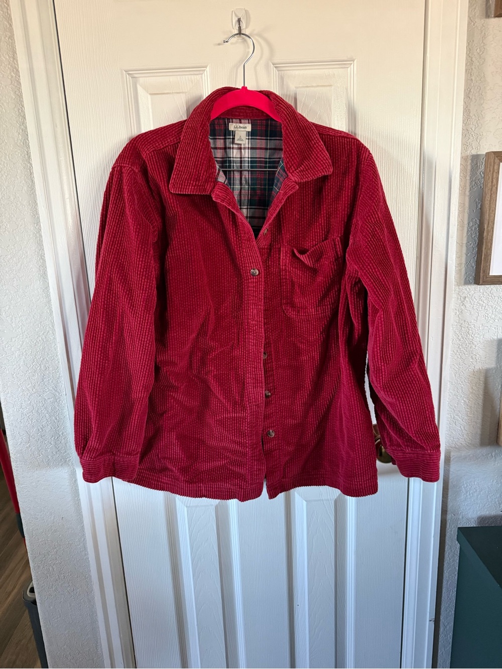 L.L. Bean Women’s Red Corduroy Button-Down Shirt with Plaid Lining - Picture 2 of 5